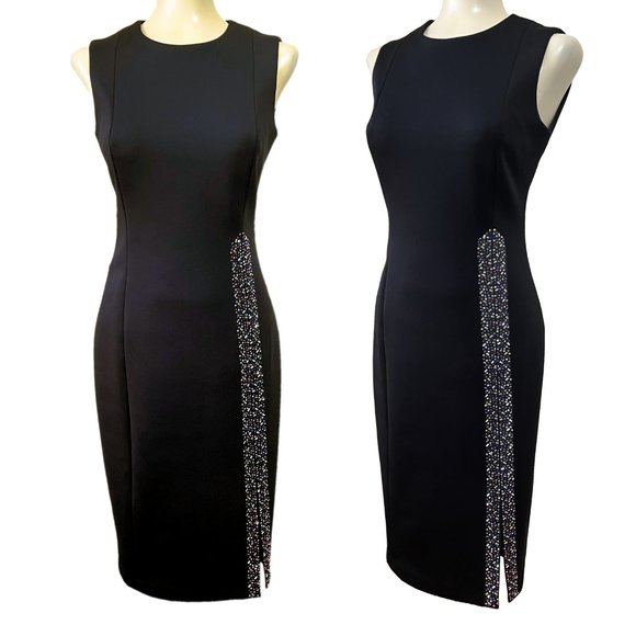 NWT Calvin Klein Black Embellished Sheath Cocktail Dress w/ Slit Size 4 - Picture 2 of 16